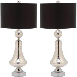 SAFAVIEH Lighting Collection Mercury Crackle Glass/ Black Shade 26-inch Bedroom Living Room Home Office Desk Nightstand Table Lamp Set of 2 (LED Bulbs Included)(Mercury – Set of 2)