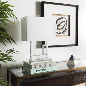 SAFAVIEH Lighting Collection Town Square Modern Square Crystal 21-inch Bedroom Living Room Home Office Desk Nightstand Table Lamp (LED Bulb Included)(Clear/White – with USB)