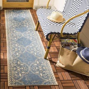 SAFAVIEH Washable Rug Outdoor Beach House Collection – 5’3″ x 7’6″, Cream & Beige, Non-Shedding & Easy to Clean, Ideal for Patio, Backyard, Mudroom (BHS174A)(Cream/Blue)