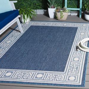 SAFAVIEH Washable Rug Outdoor Beach House Collection – 8′ x 10′, Blue & Ivory, Non-Shedding & Easy to Clean, Ideal for Patio, Backyard, Mudroom (BHS276M)(Blue/Ivory)