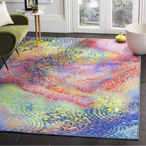 SAFAVIEH Washable Rug Paint Brush Collection – 6’7″ x 9′, Blue & Coral, Slip Resistant & Easy to Clean, Ideal for Living Room, Bedroom, Nursery, Kids Playroom, Dining Space (PTB119B)(Blue/Coral)