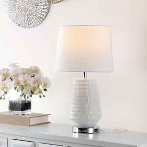 Safavieh Lighting Collection Stark Plated Silver 28-inch Bedroom Living Room Home Office Desk Nightstand Table Lamp (LED Bulb Included)(White – with USB)