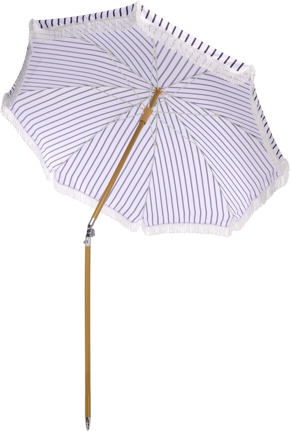 image:imageSAFAVIEH Outdoor Bella 65 FT Beach Umbrella Canopy with White Fringe Trim Tilt Function Aluminum Pole Weather Resistant for Beach Patio Garden PAT8504Navy Striped