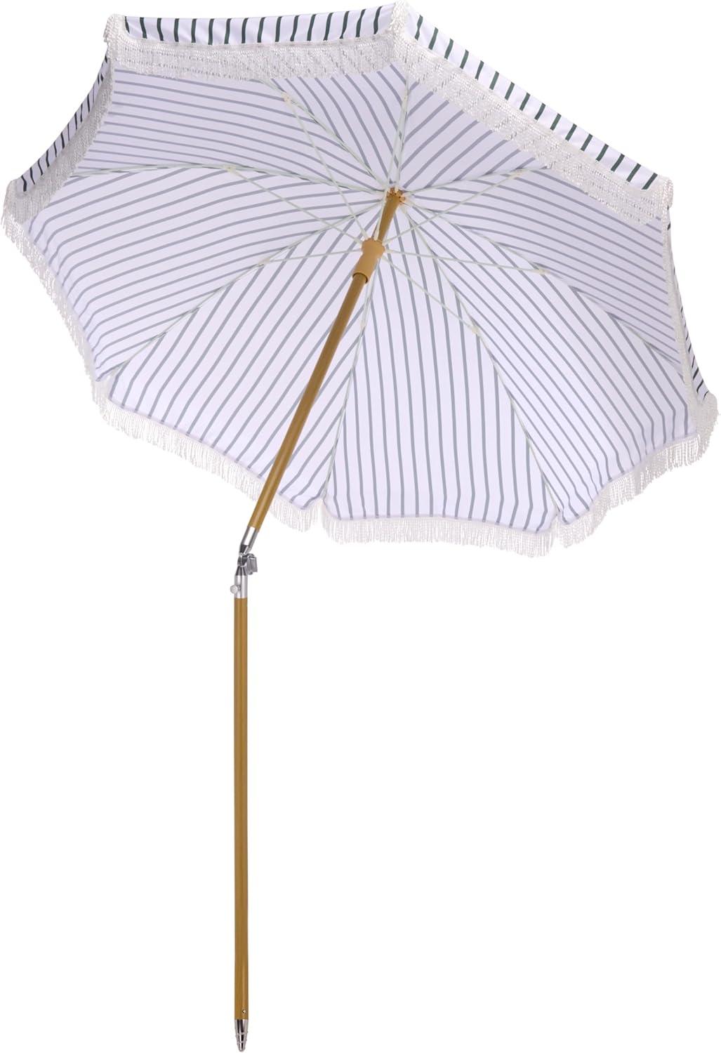 image:imageSAFAVIEH Outdoor Bella 65 FT Beach Umbrella Canopy with White Fringe Trim Tilt Function Aluminum Pole Weather Resistant for Beach Patio Garden PAT8504Hunter Green Stripe
