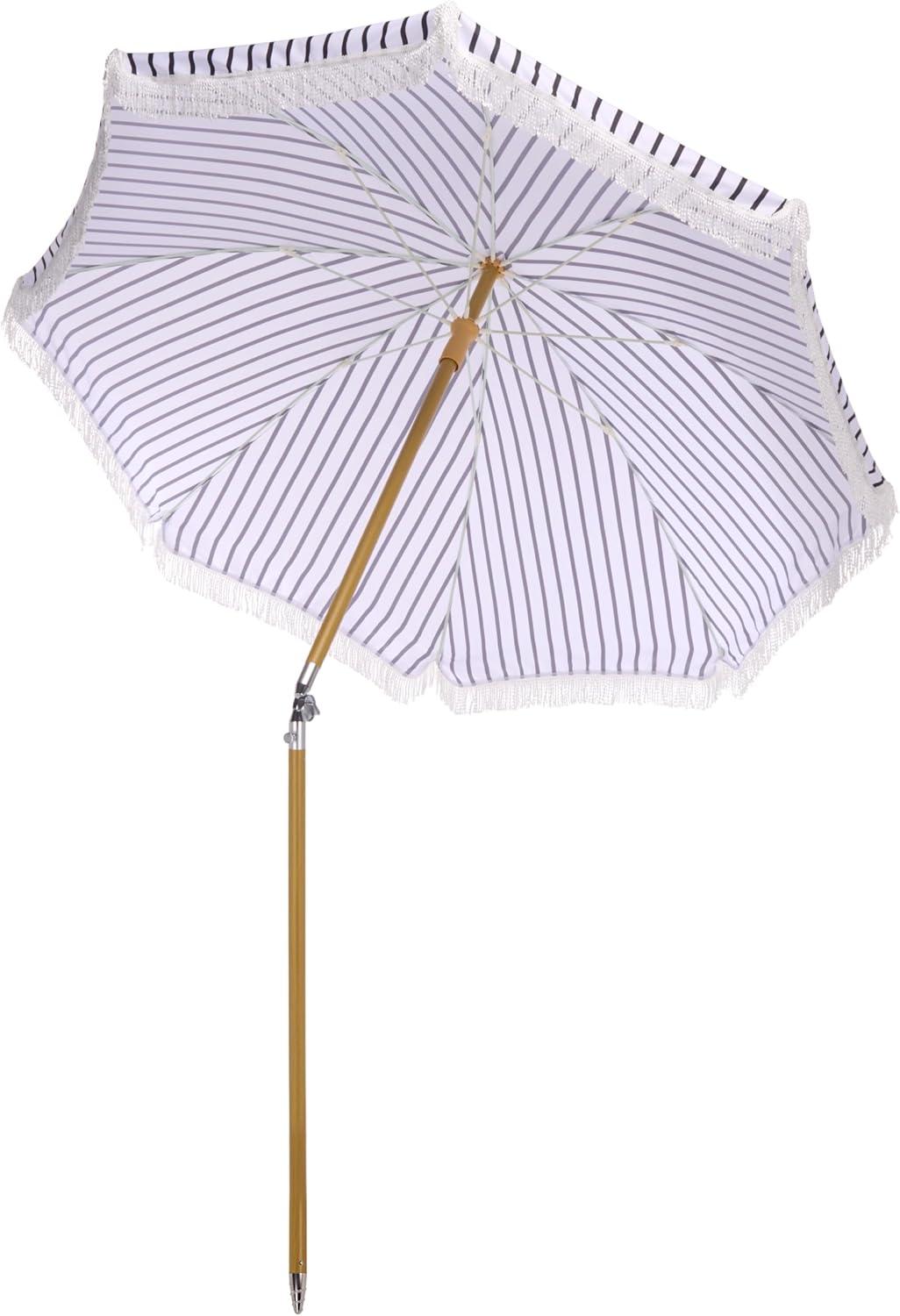image:imageSAFAVIEH Outdoor Bella 65 FT Beach Umbrella Canopy with White Fringe Trim Tilt Function Aluminum Pole Weather Resistant for Beach Patio Garden PAT8504Black Stripe