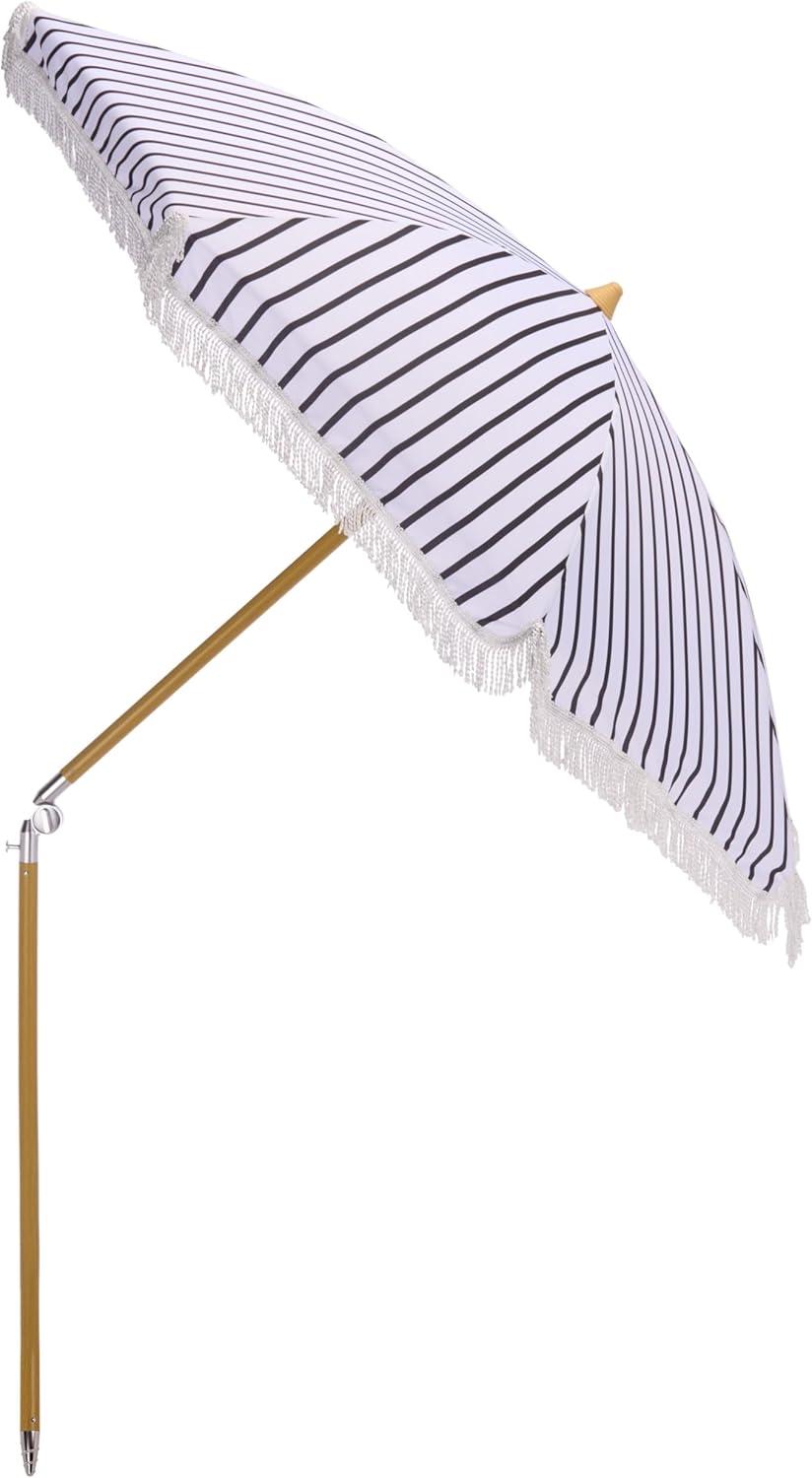 image:imageSAFAVIEH Outdoor Bella 65 FT Beach Umbrella Canopy with White Fringe Trim Tilt Function Aluminum Pole Weather Resistant for Beach Patio Garden PAT8504Navy Striped