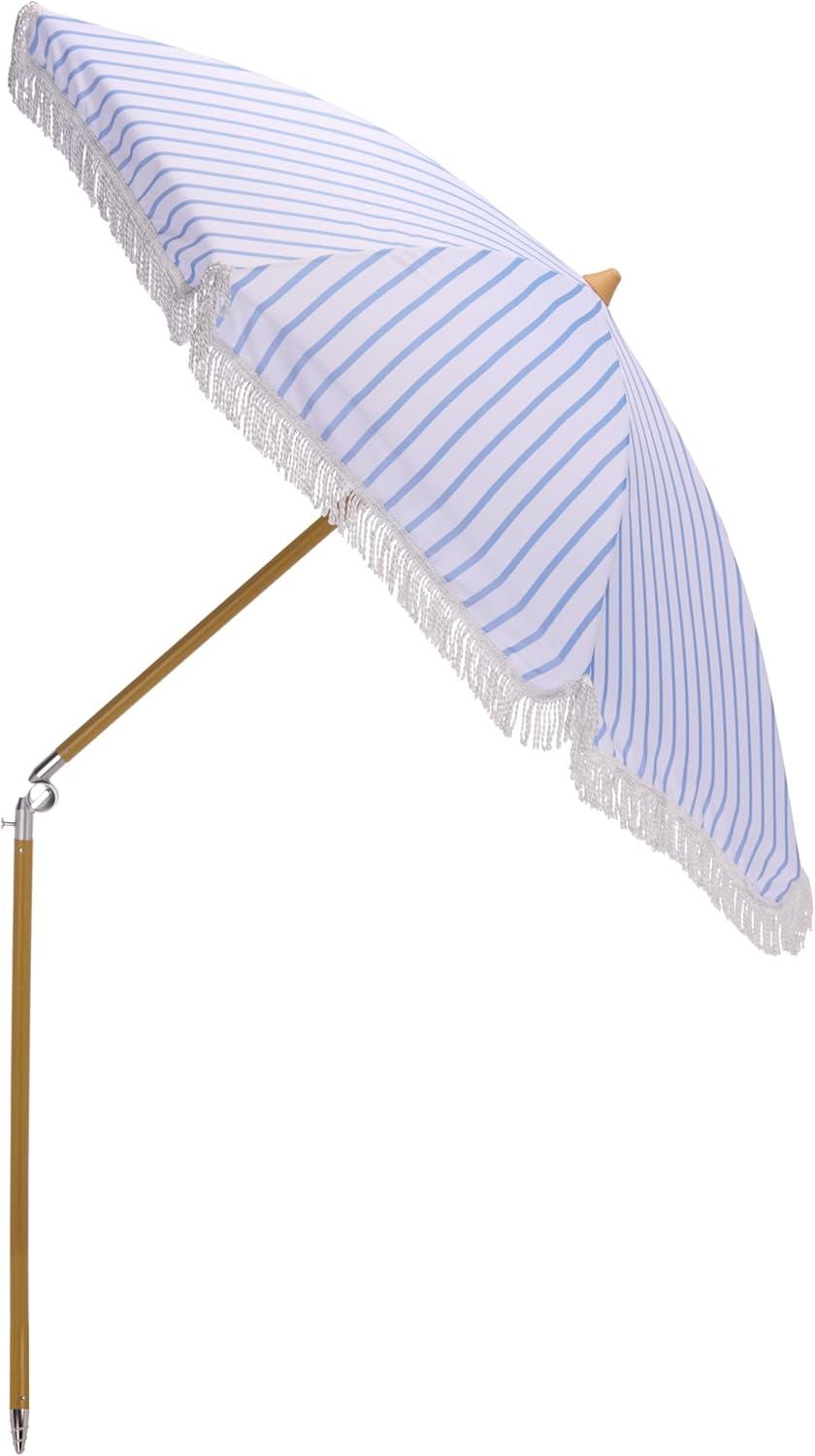 image:imageSAFAVIEH Outdoor Bella 65 FT Beach Umbrella Canopy with White Fringe Trim Tilt Function Aluminum Pole Weather Resistant for Beach Patio Garden PAT8504Baby Blue Stripe