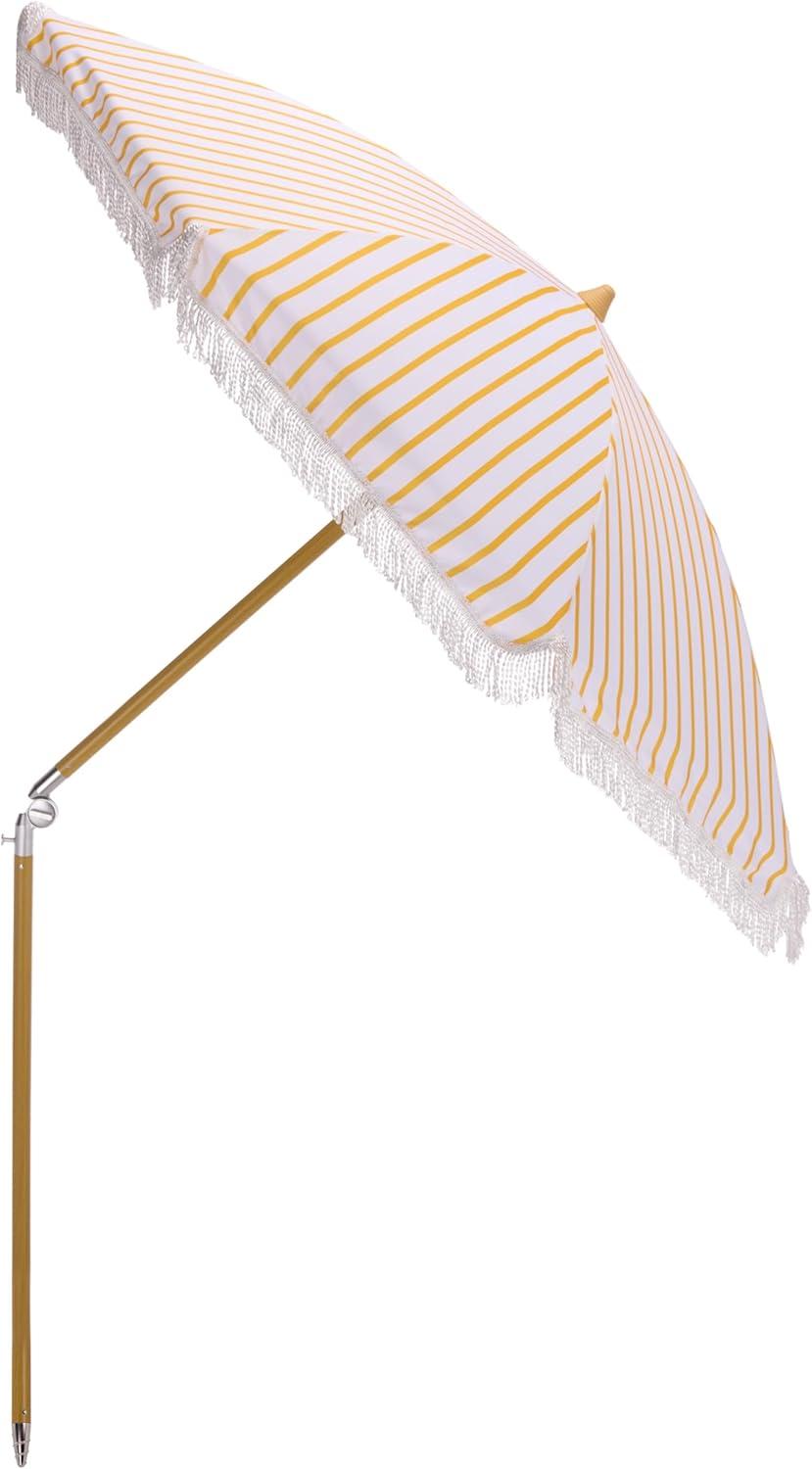 image:imageSAFAVIEH Outdoor Bella 65 FT Beach Umbrella Canopy with White Fringe Trim Tilt Function Aluminum Pole Weather Resistant for Beach Patio Garden PAT8504Yellow Stripe