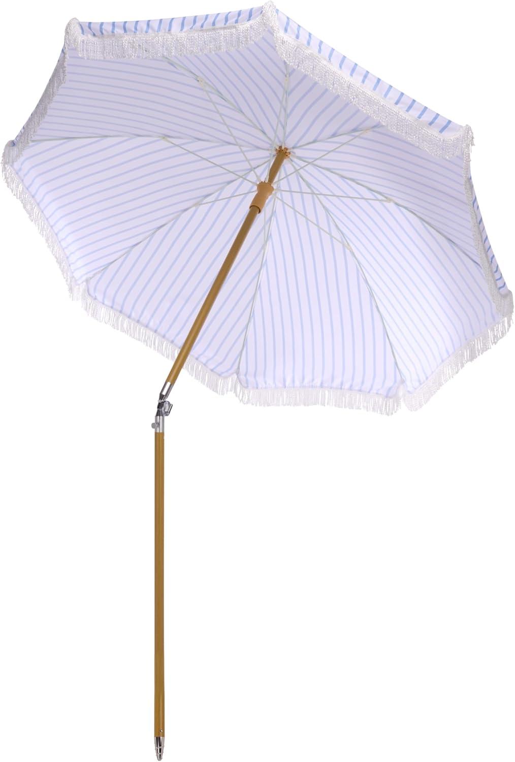 image:imageSAFAVIEH Outdoor Bella 65 FT Beach Umbrella Canopy with White Fringe Trim Tilt Function Aluminum Pole Weather Resistant for Beach Patio Garden PAT8504Baby Blue Stripe