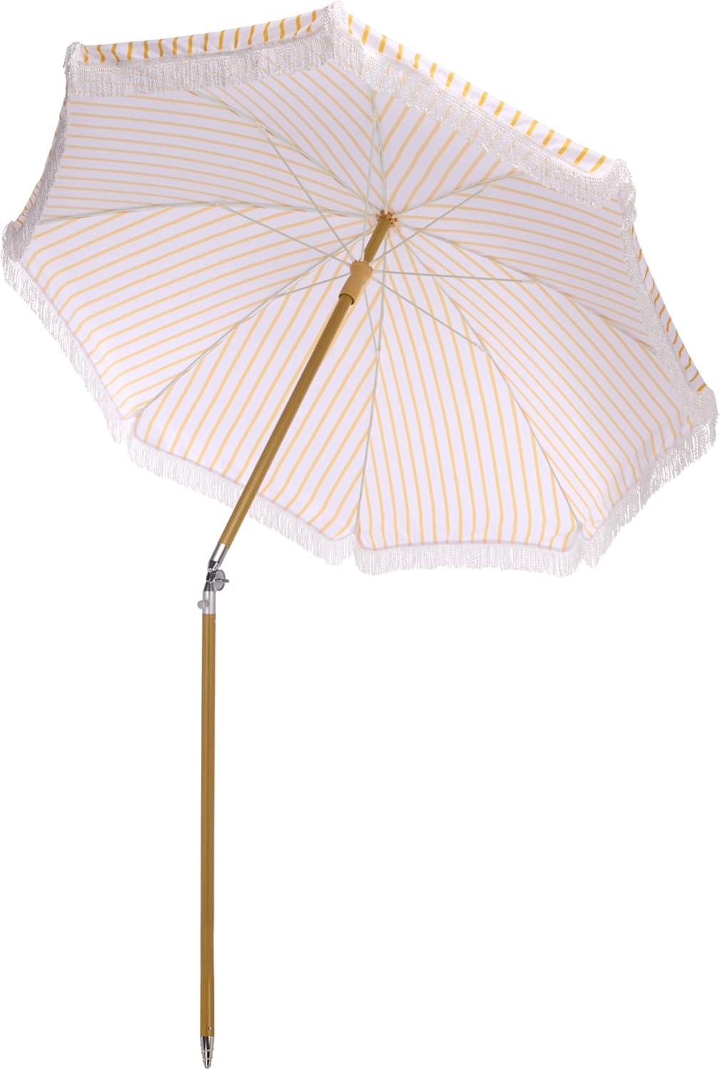 image:imageSAFAVIEH Outdoor Bella 65 FT Beach Umbrella Canopy with White Fringe Trim Tilt Function Aluminum Pole Weather Resistant for Beach Patio Garden PAT8504Yellow Stripe