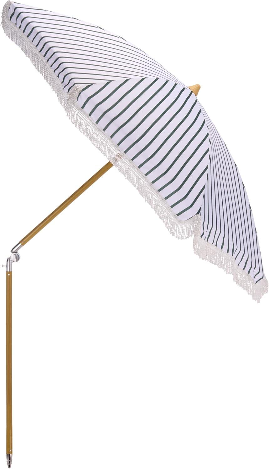 image:imageSAFAVIEH Outdoor Bella 65 FT Beach Umbrella Canopy with White Fringe Trim Tilt Function Aluminum Pole Weather Resistant for Beach Patio Garden PAT8504Hunter Green Stripe