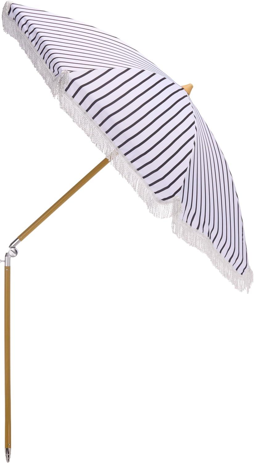 image:imageSAFAVIEH Outdoor Bella 65 FT Beach Umbrella Canopy with White Fringe Trim Tilt Function Aluminum Pole Weather Resistant for Beach Patio Garden PAT8504Black Stripe
