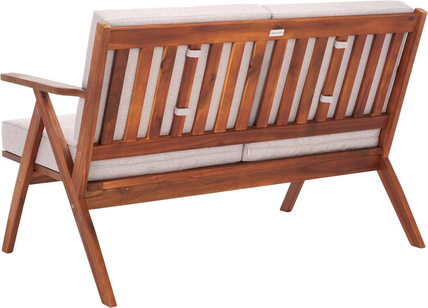 image:imageSAFAVIEH Outdoor Collection Dryad MidCentury Modern NaturalLight Grey Solid Wood Bench with Cushion Ideal for Deck Patio Garden Backyard Sunroom