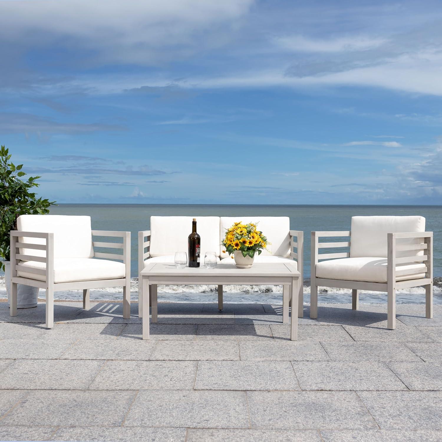 image:imageSAFAVIEH Outdoor Collection Kinnell GreyBeige Cushion Solid Wood 4Piece Conversation Patio SetGreyBeige