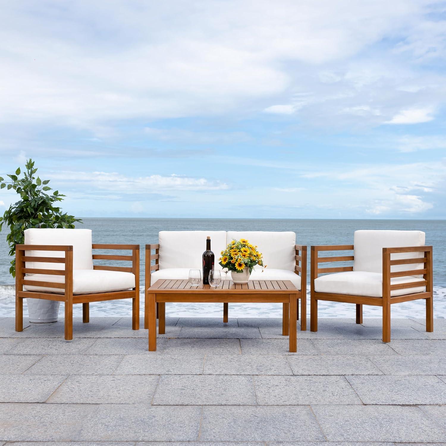image:imageSAFAVIEH Outdoor Collection Kinnell GreyBeige Cushion Solid Wood 4Piece Conversation Patio SetNaturalBeige