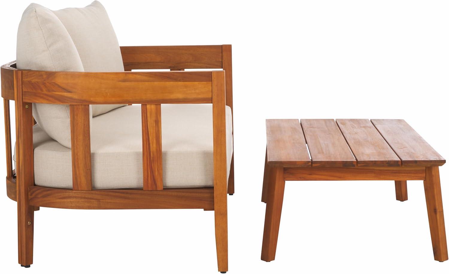 image:imageSAFAVIEH Outdoor Collection Owen Natural BrownTaupe Cushion Solid Wood Bench amp Table SetNaturalTaupe