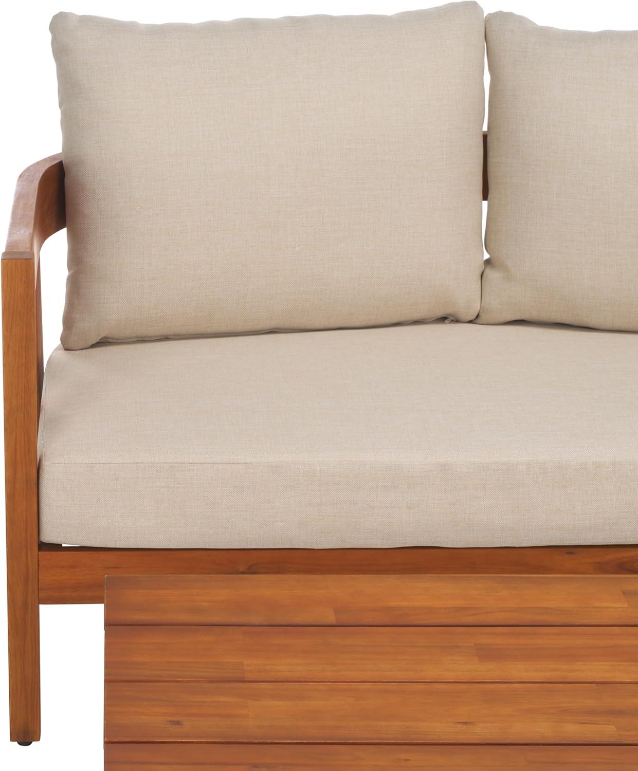 image:imageSAFAVIEH Outdoor Collection Owen Natural BrownTaupe Cushion Solid Wood Bench amp Table SetNaturalTaupe
