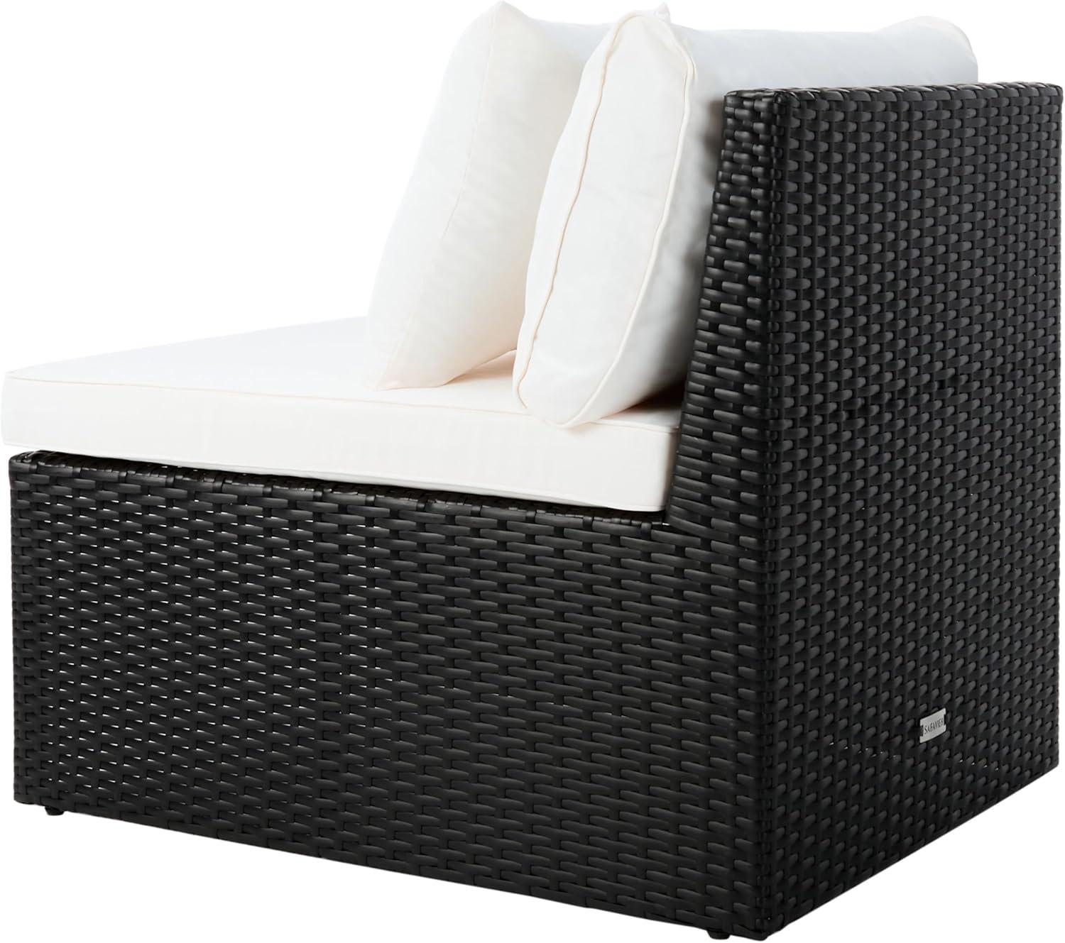 image:imageSAFAVIEH Outdoor Collection Pramla BlackLight Grey Cushion Settee amp Ottoman Fully Assembled Set of 2Black Beige