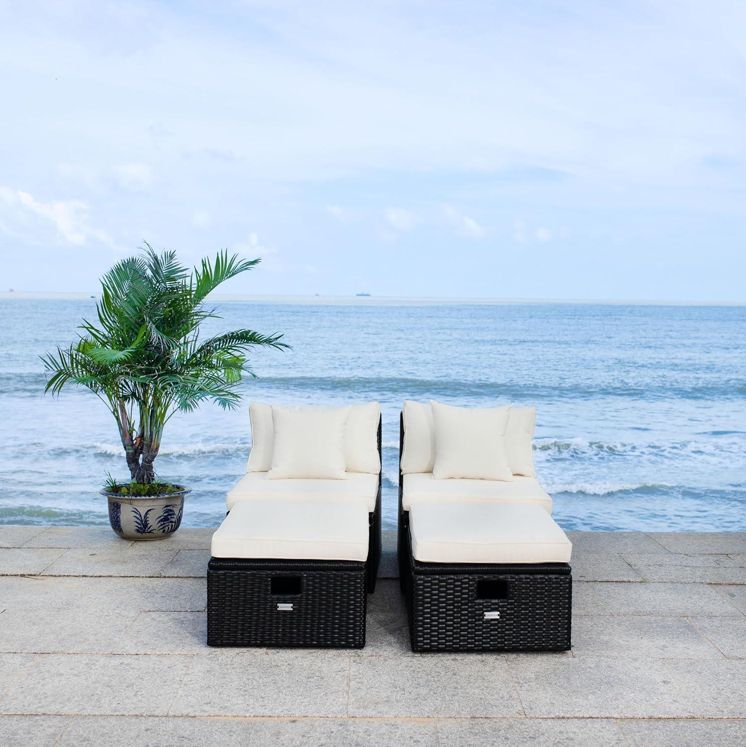 image:imageSAFAVIEH Outdoor Collection Pramla BlackLight Grey Cushion Settee amp Ottoman Fully Assembled Set of 2Black Beige