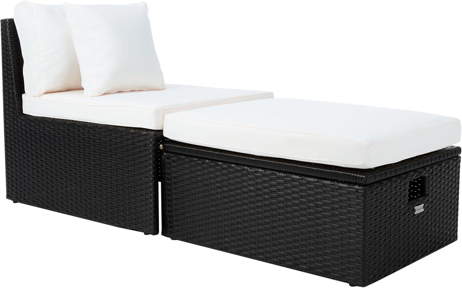 image:imageSAFAVIEH Outdoor Collection Pramla BlackLight Grey Cushion Settee amp Ottoman Fully Assembled Set of 2Black Beige