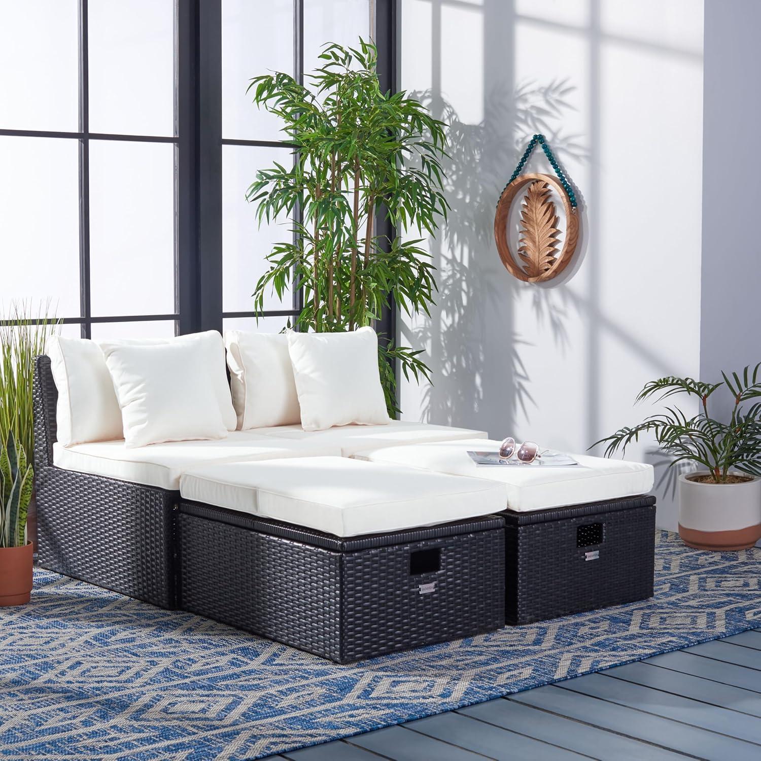 image:imageSAFAVIEH Outdoor Collection Pramla BlackLight Grey Cushion Settee amp Ottoman Fully Assembled Set of 2Black Beige