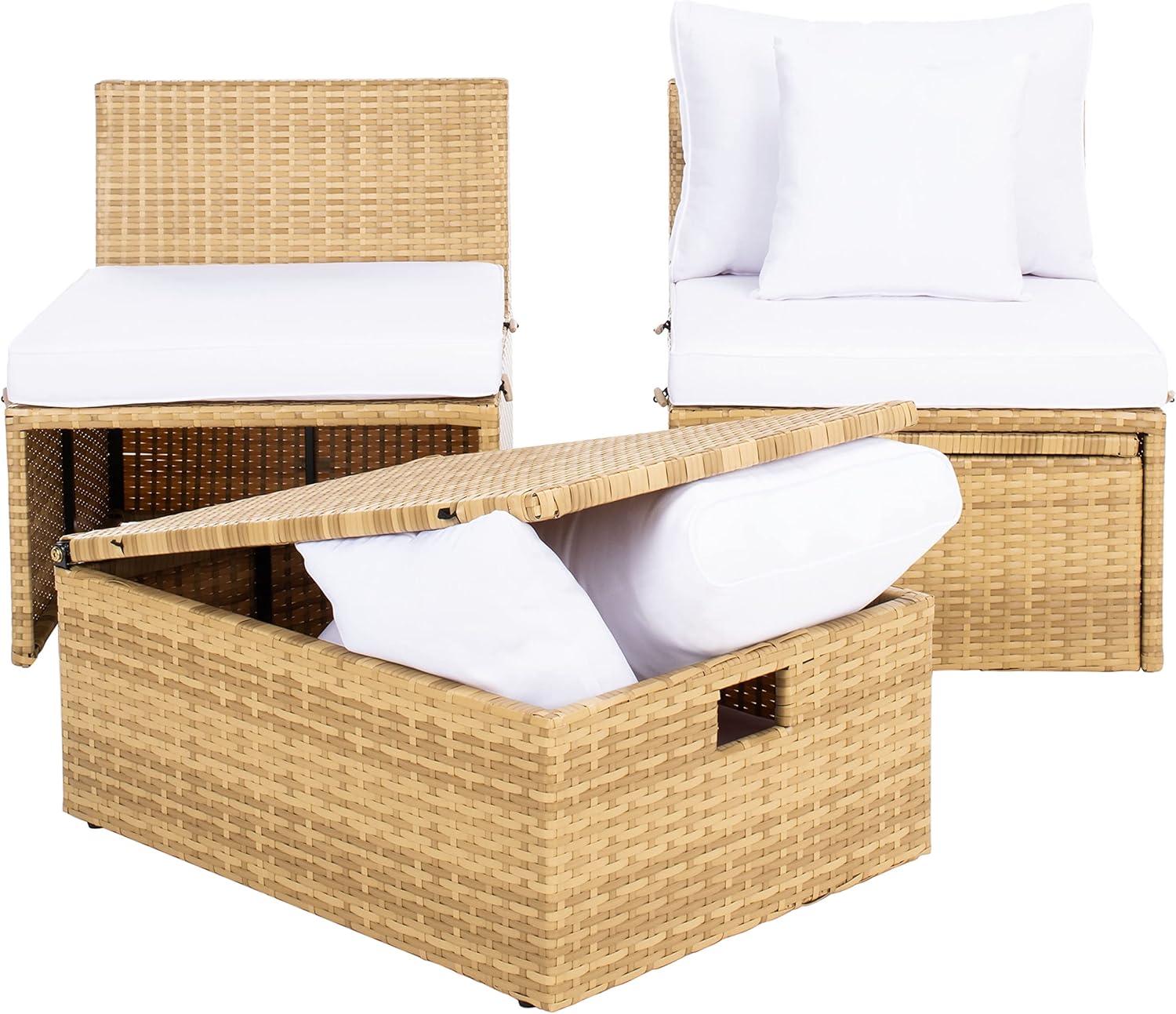 image:imageSAFAVIEH Outdoor Collection Pramla BlackLight Grey Cushion Settee amp Ottoman Fully Assembled Set of 2Natural White