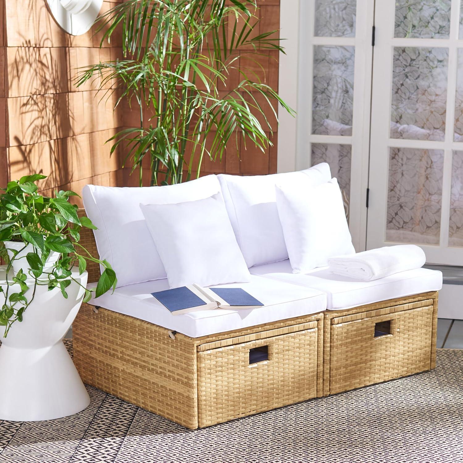 image:imageSAFAVIEH Outdoor Collection Pramla BlackLight Grey Cushion Settee amp Ottoman Fully Assembled Set of 2Natural White