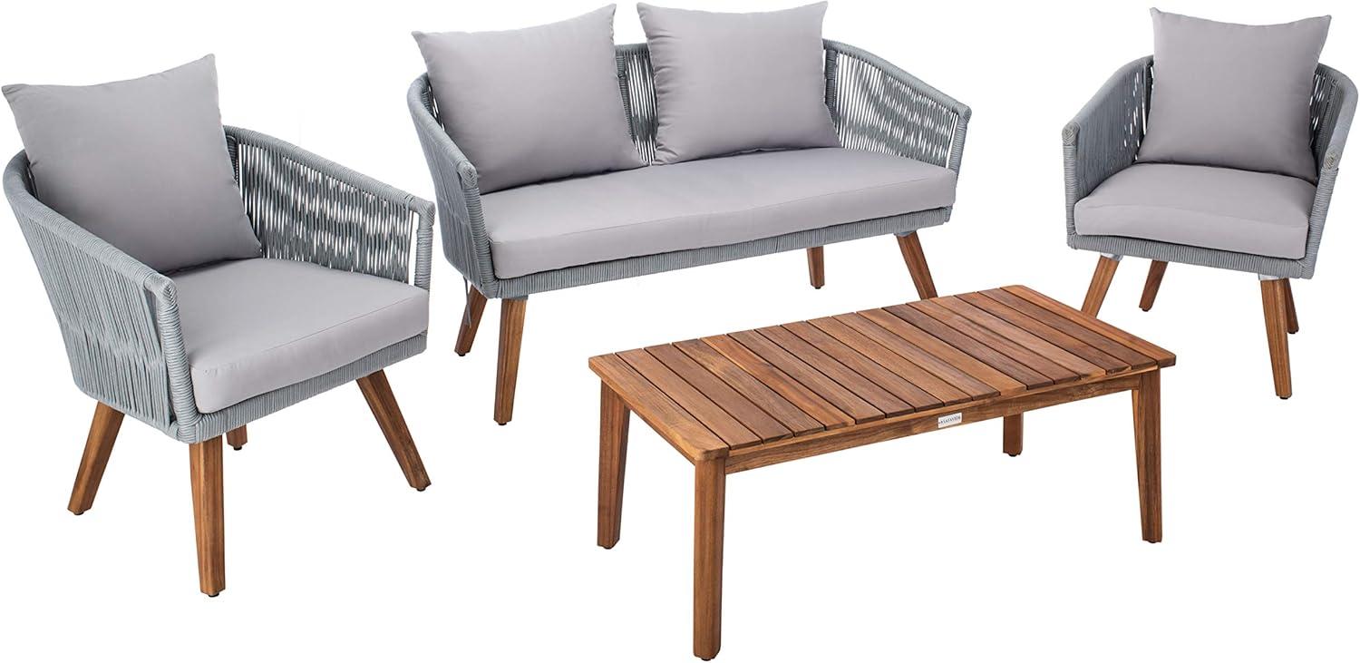 image:imageSAFAVIEH Outdoor Collection Velso BeigeBeigeNatural Solid Wood 4Piece Conversation Patio SetGrey Grey