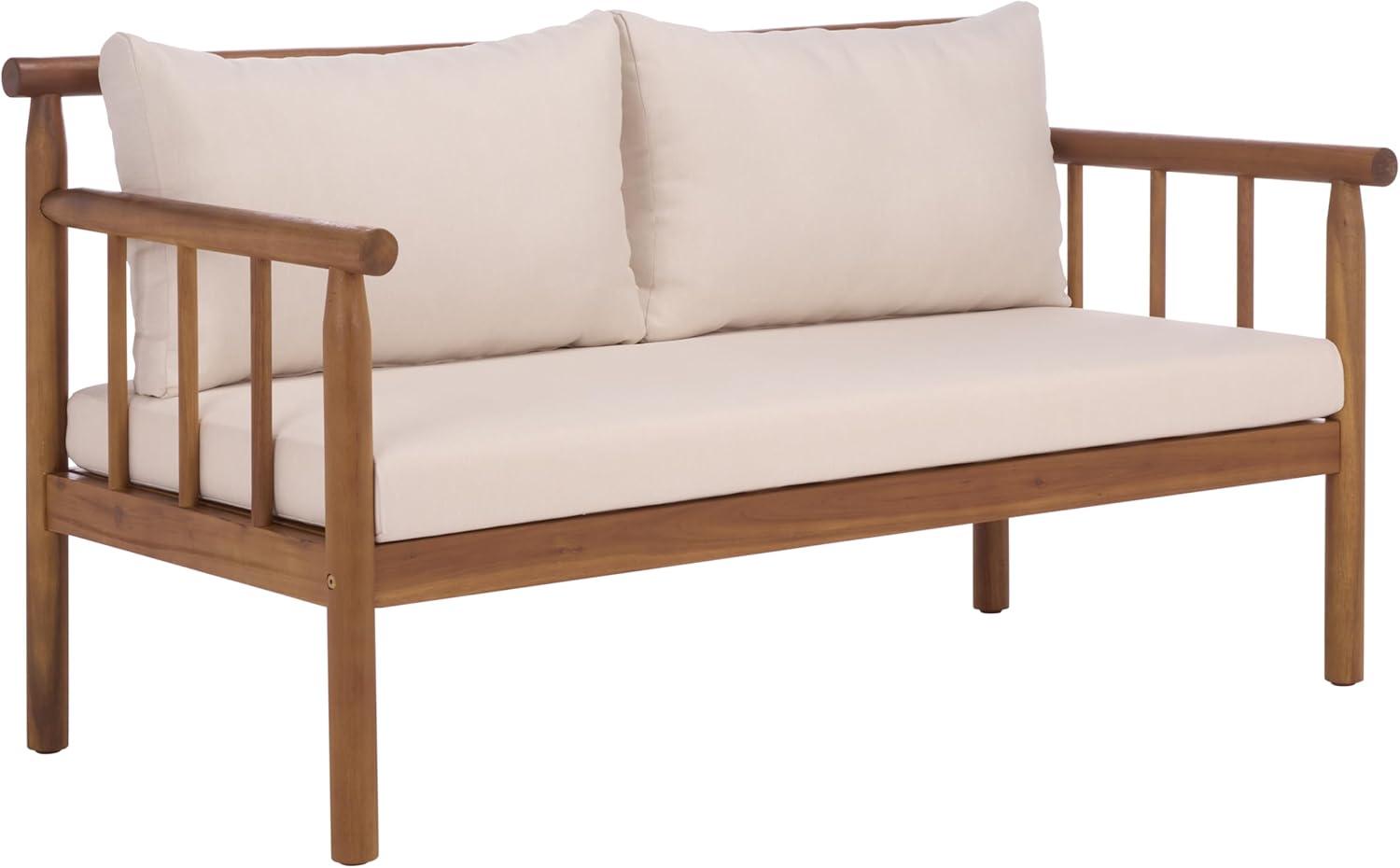 image:imageSAFAVIEH Outdoor Patio Furniture Collection Cardori Teak amp Cream Solid Wood Bench with Cushions and Coffee Table Set 2Piece Patio Seating Ensemble PAT6808ATeak BrownCream