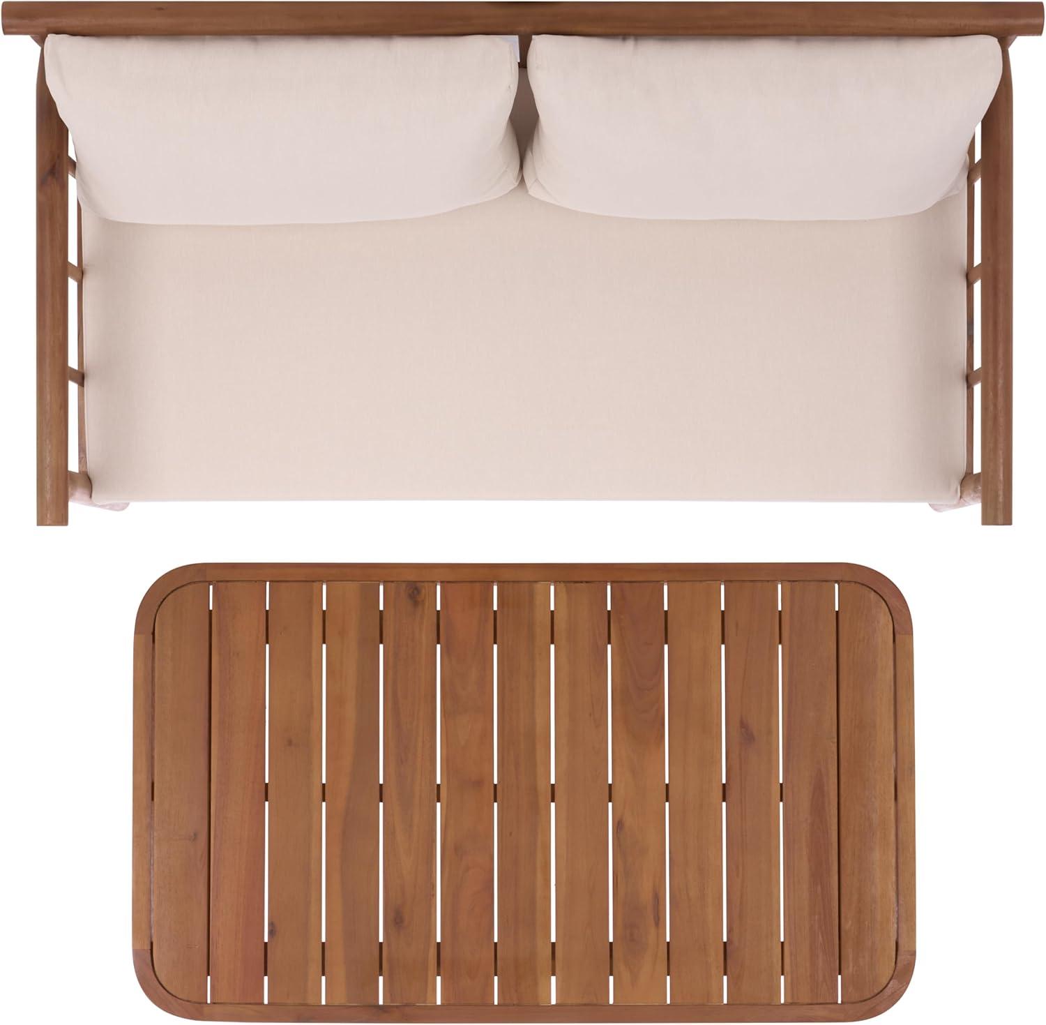 image:imageSAFAVIEH Outdoor Patio Furniture Collection Cardori Teak amp Cream Solid Wood Bench with Cushions and Coffee Table Set 2Piece Patio Seating Ensemble PAT6808ATeak BrownCream