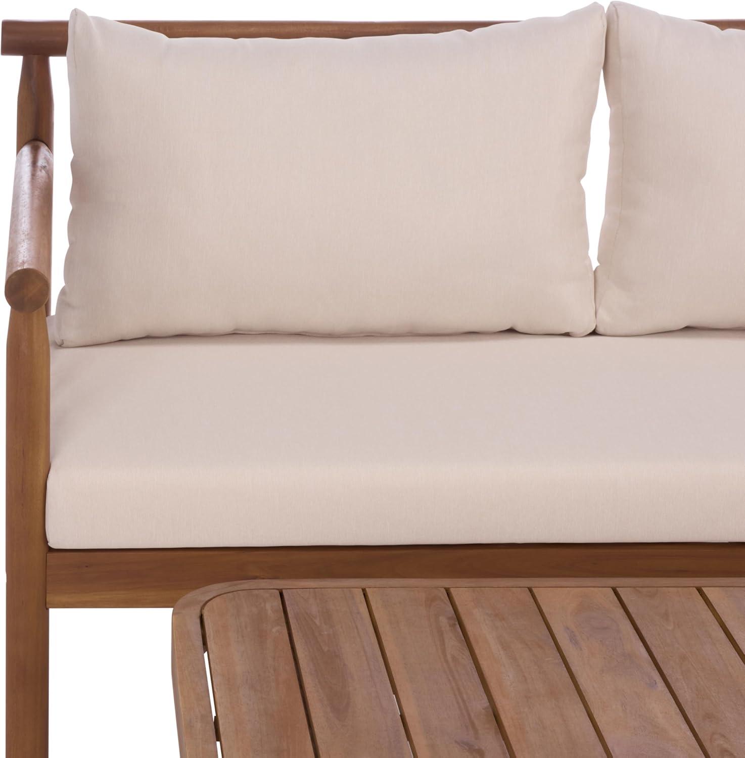 image:imageSAFAVIEH Outdoor Patio Furniture Collection Cardori Teak amp Cream Solid Wood Bench with Cushions and Coffee Table Set 2Piece Patio Seating Ensemble PAT6808ATeak BrownCream