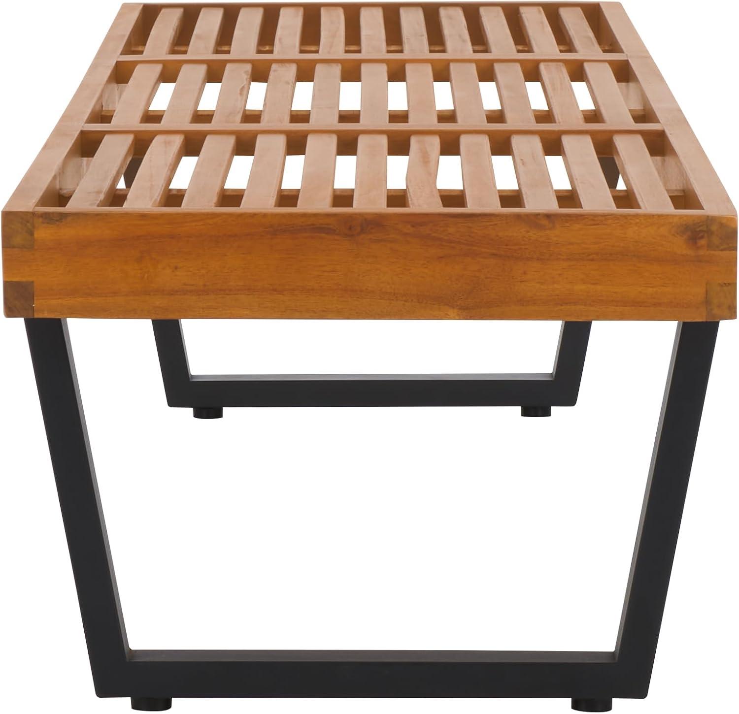 image:imageSAFAVIEH Outdoor Patio Furniture Collection Heather Natural Brown Solid Wood Patio Bench with White Steel Legs 72Inch Modern Outdoor Seating for Garden Porch or Patio PAT7327ANaturalBlack