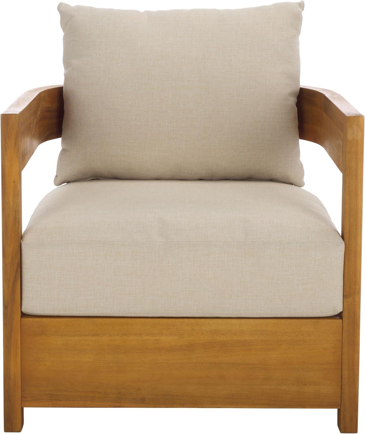 image:imageSAFAVIEH Outdoor Patio Furniture Collection Kento Natural Wood Arm Chair Set of 2 with Taupe Cushions Wide amp Deep Comfortable Seating Modern Design PAT7097ANaturalTaupe