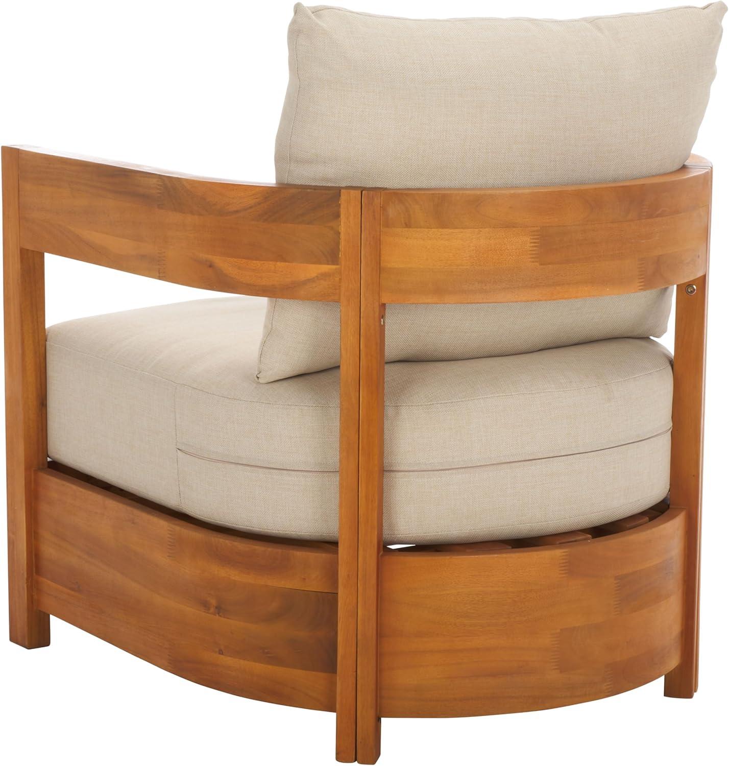 image:imageSAFAVIEH Outdoor Patio Furniture Collection Kento Natural Wood Arm Chair Set of 2 with Taupe Cushions Wide amp Deep Comfortable Seating Modern Design PAT7097ANaturalTaupe