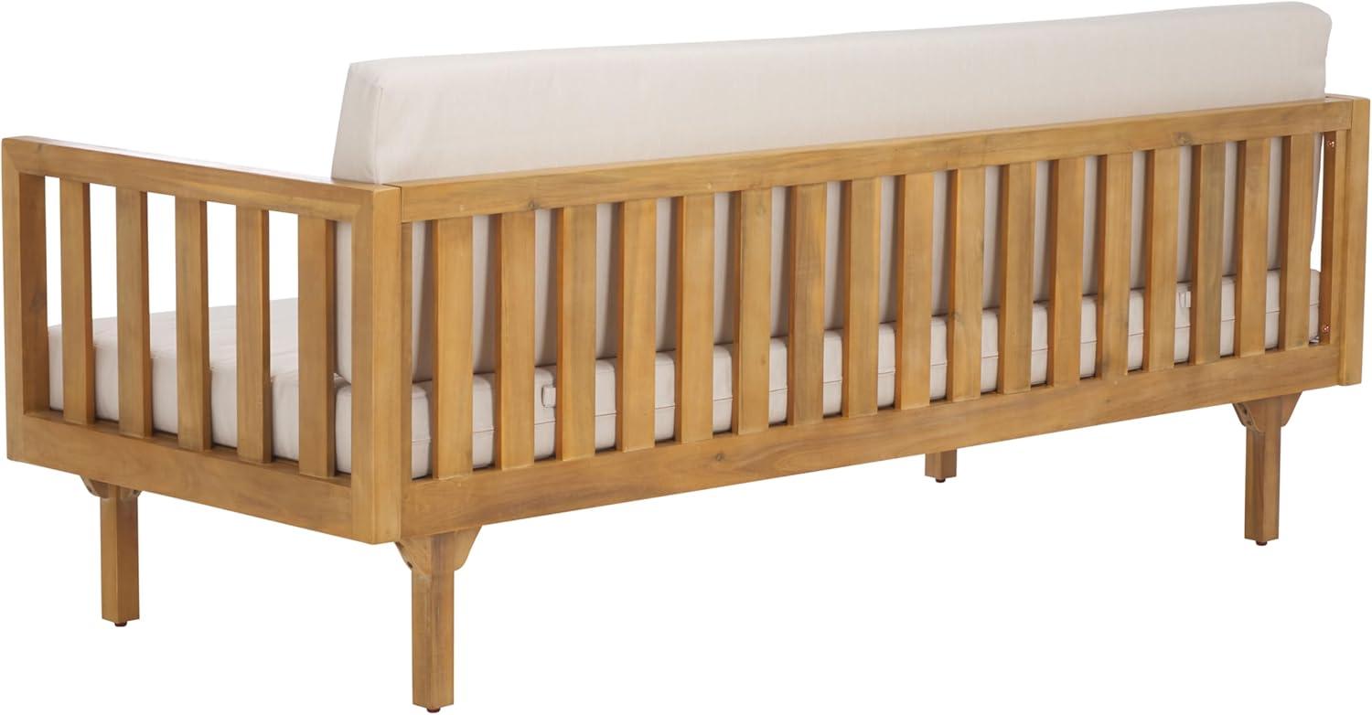 image:imageSAFAVIEH Outdoor Patio Furniture Collection Napoli Brown amp Cream 3Seater Wooden Bench with Cushions Modern Slatted Design PAT6804AOakCream