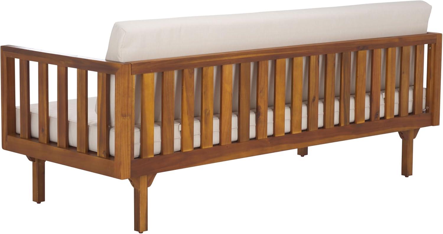 image:imageSAFAVIEH Outdoor Patio Furniture Collection Napoli Brown amp Cream 3Seater Wooden Bench with Cushions Modern Slatted Design PAT6804ATeak BrownCream