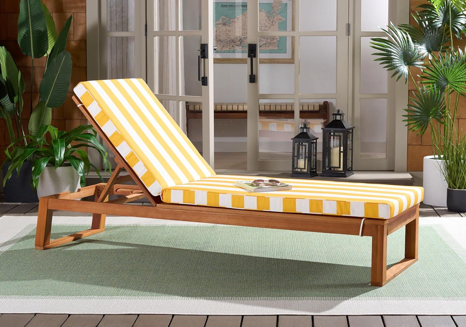 image:imageSAFAVIEH Outdoor Patio Furniture Collection Sophie Natural Brown Solid Wood Chaise Lounge Chair Adjustable Reclining Hunter Green Stripe Cushion PAT7101HNaturalYellow Stripe