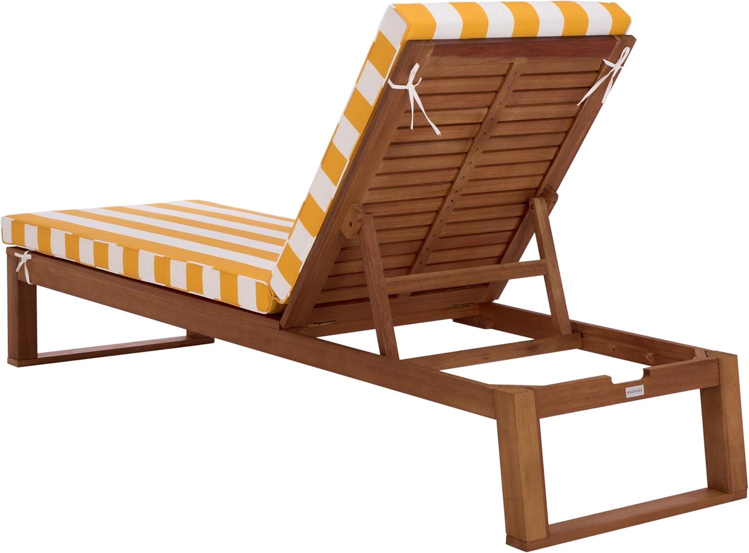 image:imageSAFAVIEH Outdoor Patio Furniture Collection Sophie Natural Brown Solid Wood Chaise Lounge Chair Adjustable Reclining Hunter Green Stripe Cushion PAT7101HNaturalYellow Stripe