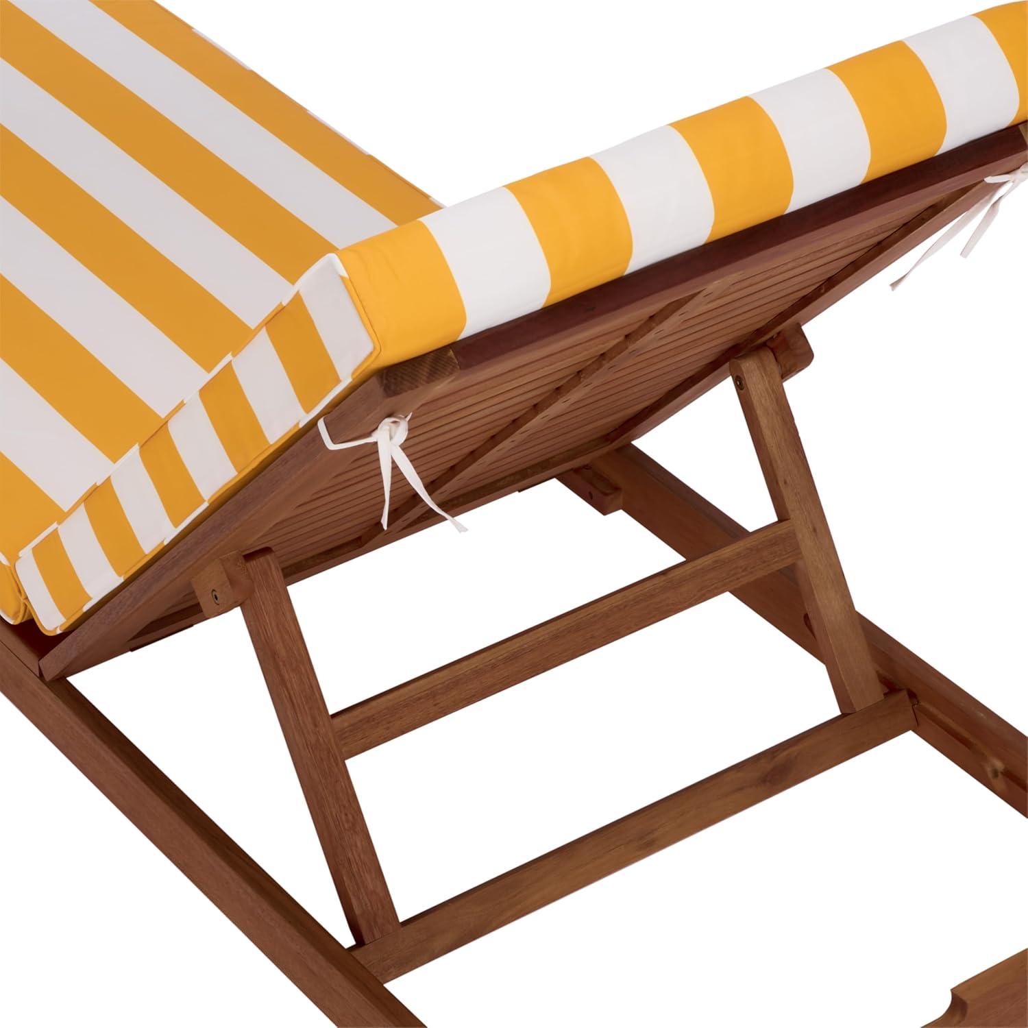 image:imageSAFAVIEH Outdoor Patio Furniture Collection Sophie Natural Brown Solid Wood Chaise Lounge Chair Adjustable Reclining Hunter Green Stripe Cushion PAT7101HNaturalYellow Stripe