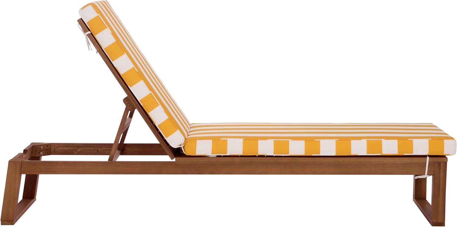image:imageSAFAVIEH Outdoor Patio Furniture Collection Sophie Natural Brown Solid Wood Chaise Lounge Chair Adjustable Reclining Hunter Green Stripe Cushion PAT7101HNaturalYellow Stripe
