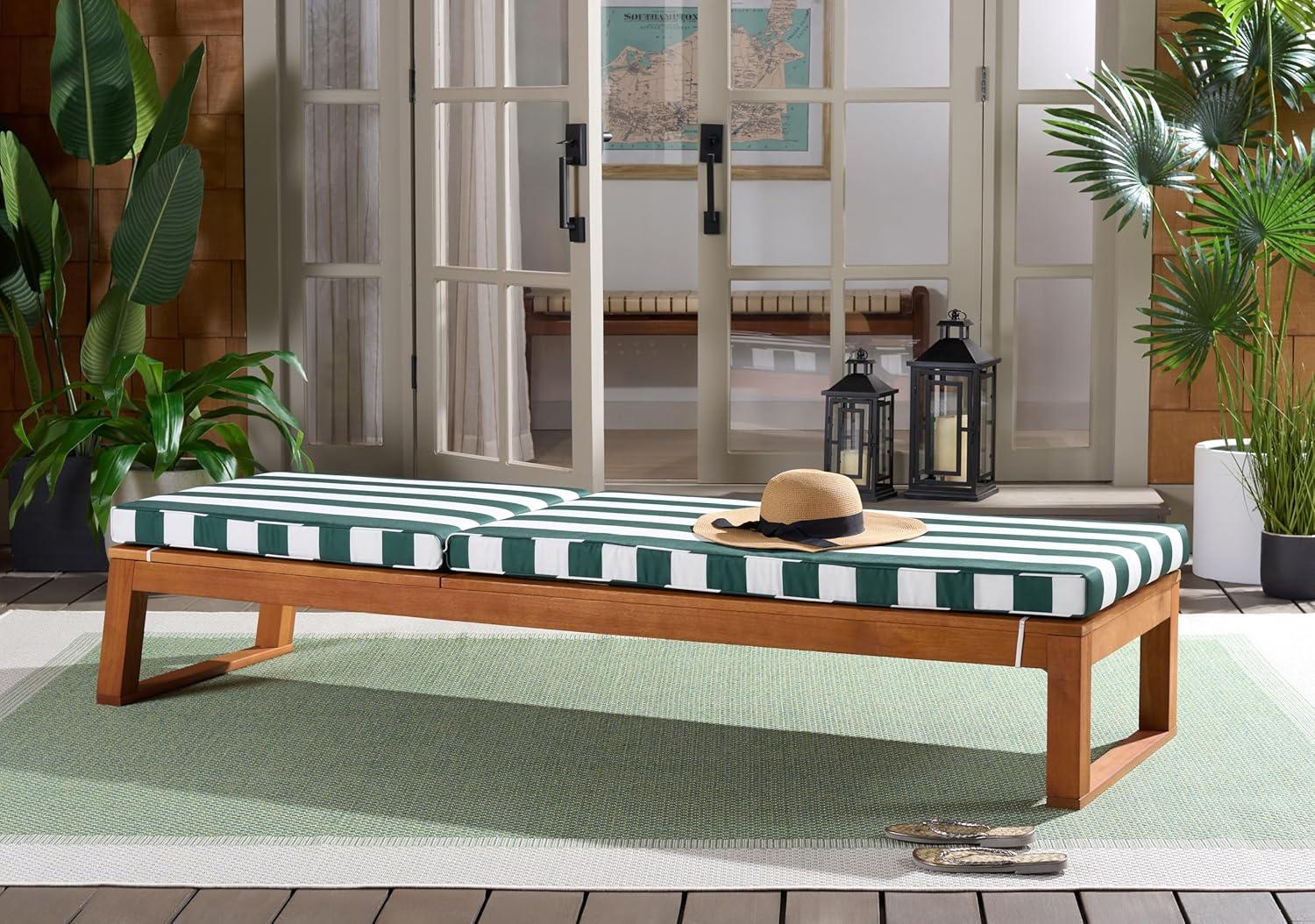 image:imageSAFAVIEH Outdoor Patio Furniture Collection Sophie Natural Brown Solid Wood Chaise Lounge Chair Adjustable Reclining Hunter Green Stripe Cushion PAT7101HNaturalHunter Green Stripe