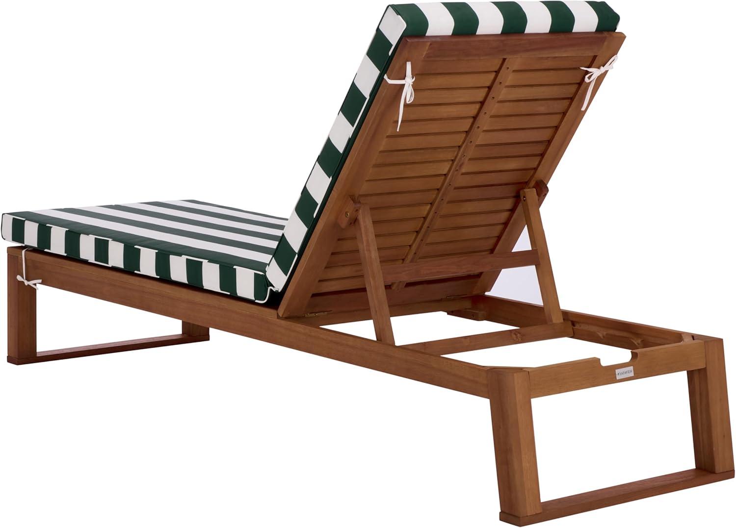image:imageSAFAVIEH Outdoor Patio Furniture Collection Sophie Natural Brown Solid Wood Chaise Lounge Chair Adjustable Reclining Hunter Green Stripe Cushion PAT7101HNaturalHunter Green Stripe