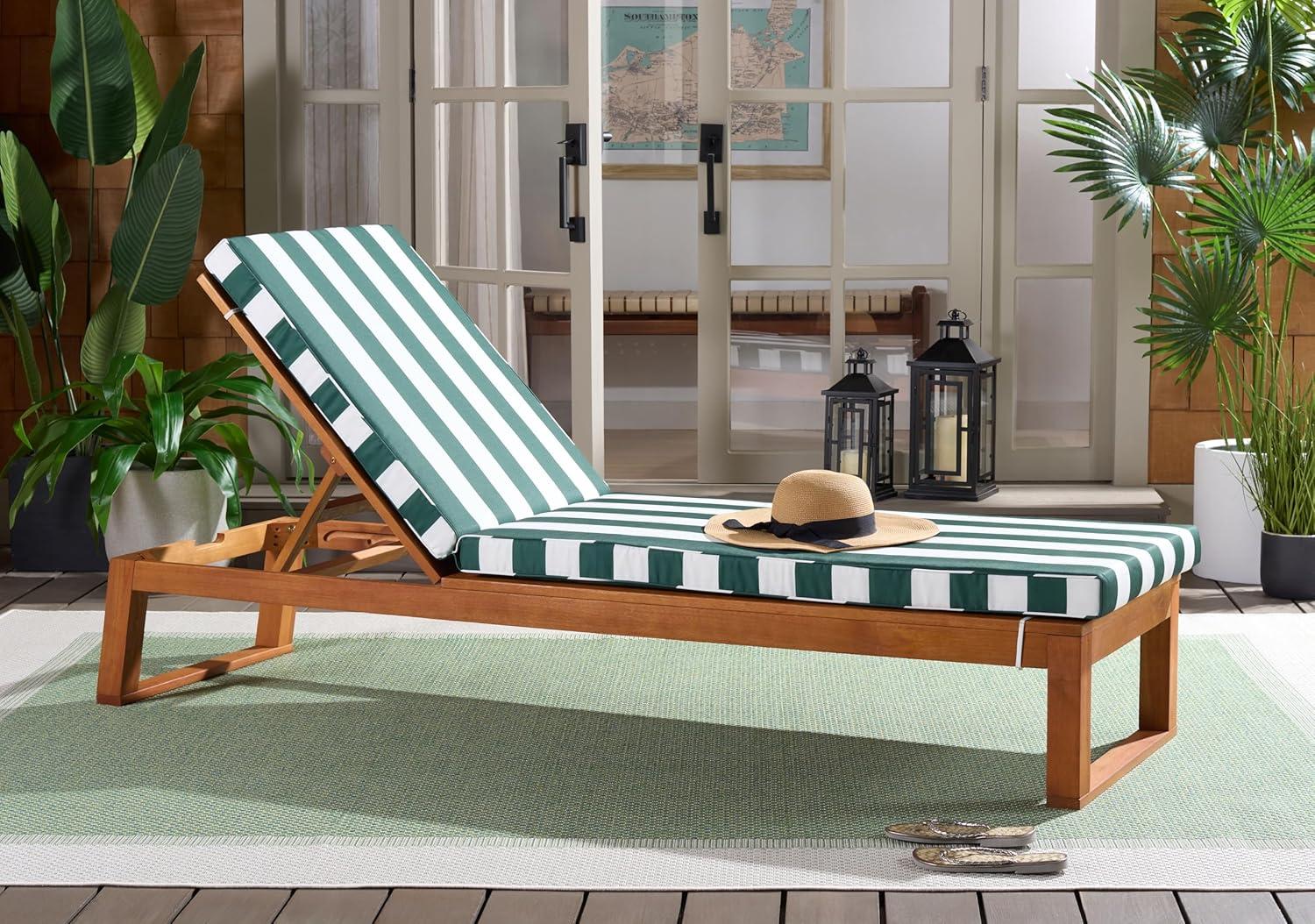 image:imageSAFAVIEH Outdoor Patio Furniture Collection Sophie Natural Brown Solid Wood Chaise Lounge Chair Adjustable Reclining Hunter Green Stripe Cushion PAT7101HNaturalHunter Green Stripe