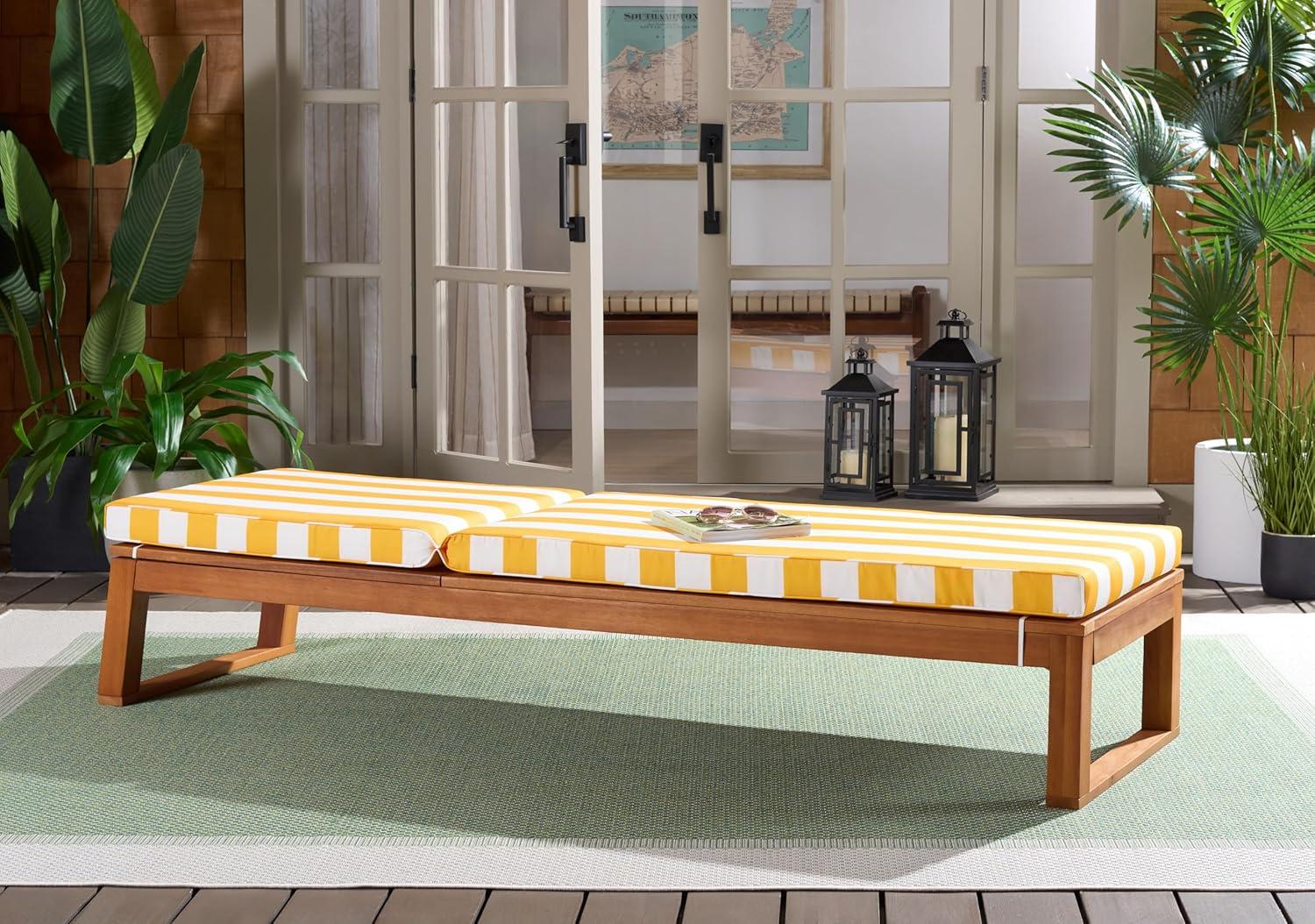 image:imageSAFAVIEH Outdoor Patio Furniture Collection Sophie Natural Brown Solid Wood Chaise Lounge Chair Adjustable Reclining Hunter Green Stripe Cushion PAT7101HNaturalYellow Stripe