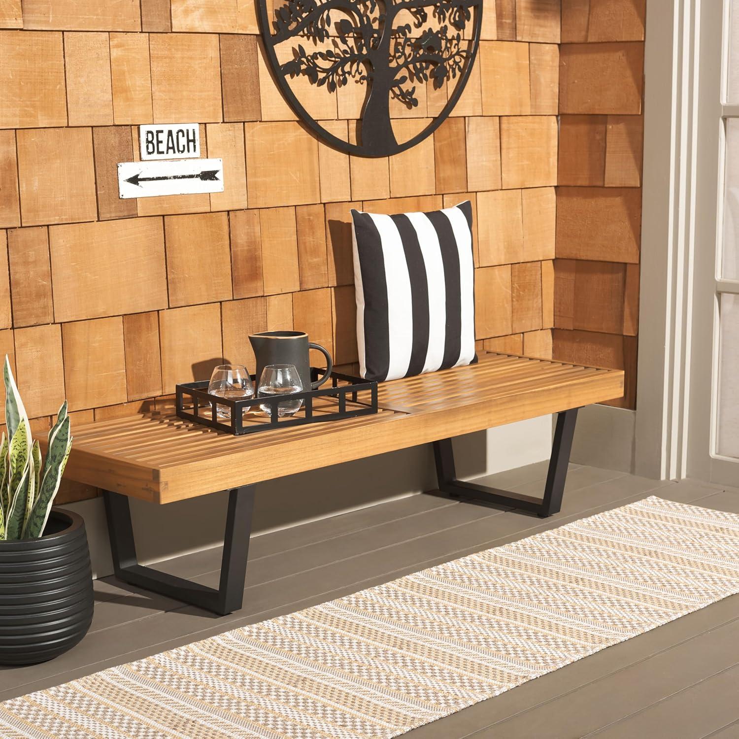 image:imageSAFAVIEH Outdoor Patio Furniture Heather Natural Brown Solid Wood amp White Legs 60inch Steel BenchNaturalBlack