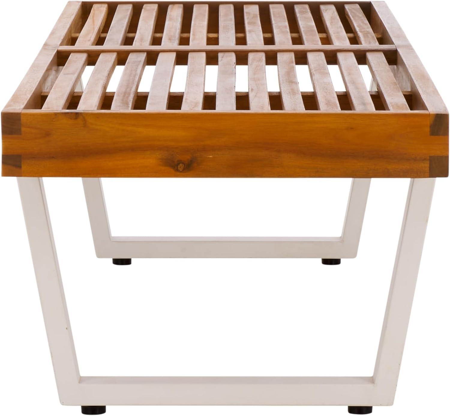 image:imageSAFAVIEH Outdoor Patio Furniture Heather Natural Brown Solid Wood amp White Legs 60inch Steel BenchNaturalWhite