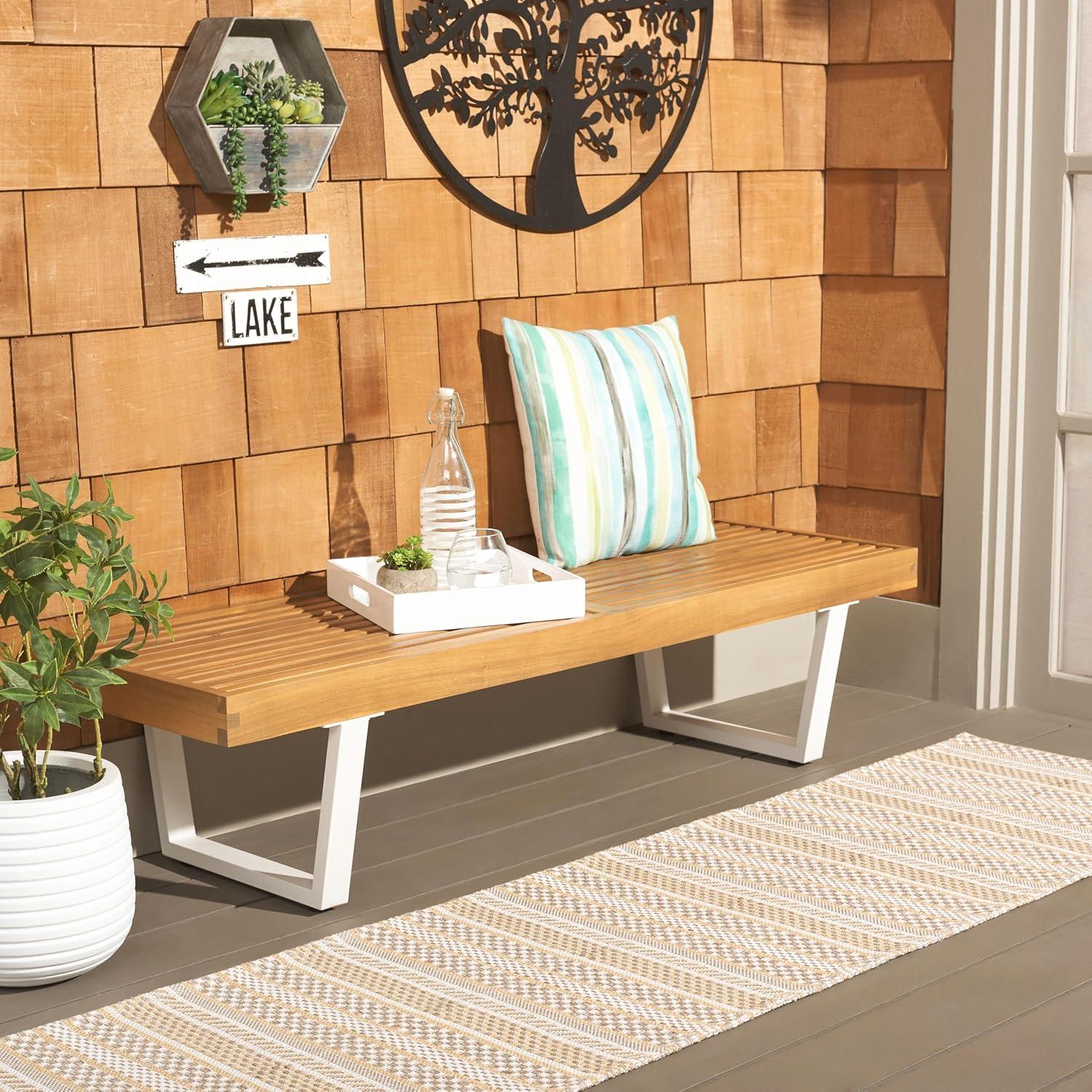 image:imageSAFAVIEH Outdoor Patio Furniture Heather Natural Brown Solid Wood amp White Legs 60inch Steel BenchNaturalWhite