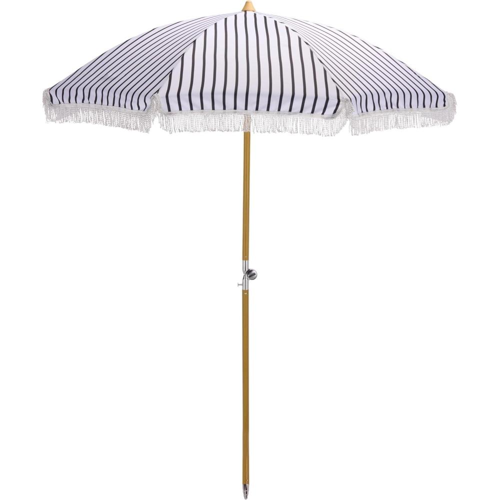 image:imageSAFAVIEH Outdoor Bella 65 FT Beach Umbrella Canopy with White Fringe Trim Tilt Function Aluminum Pole Weather Resistant for Beach Patio Garden PAT8504Black Stripe