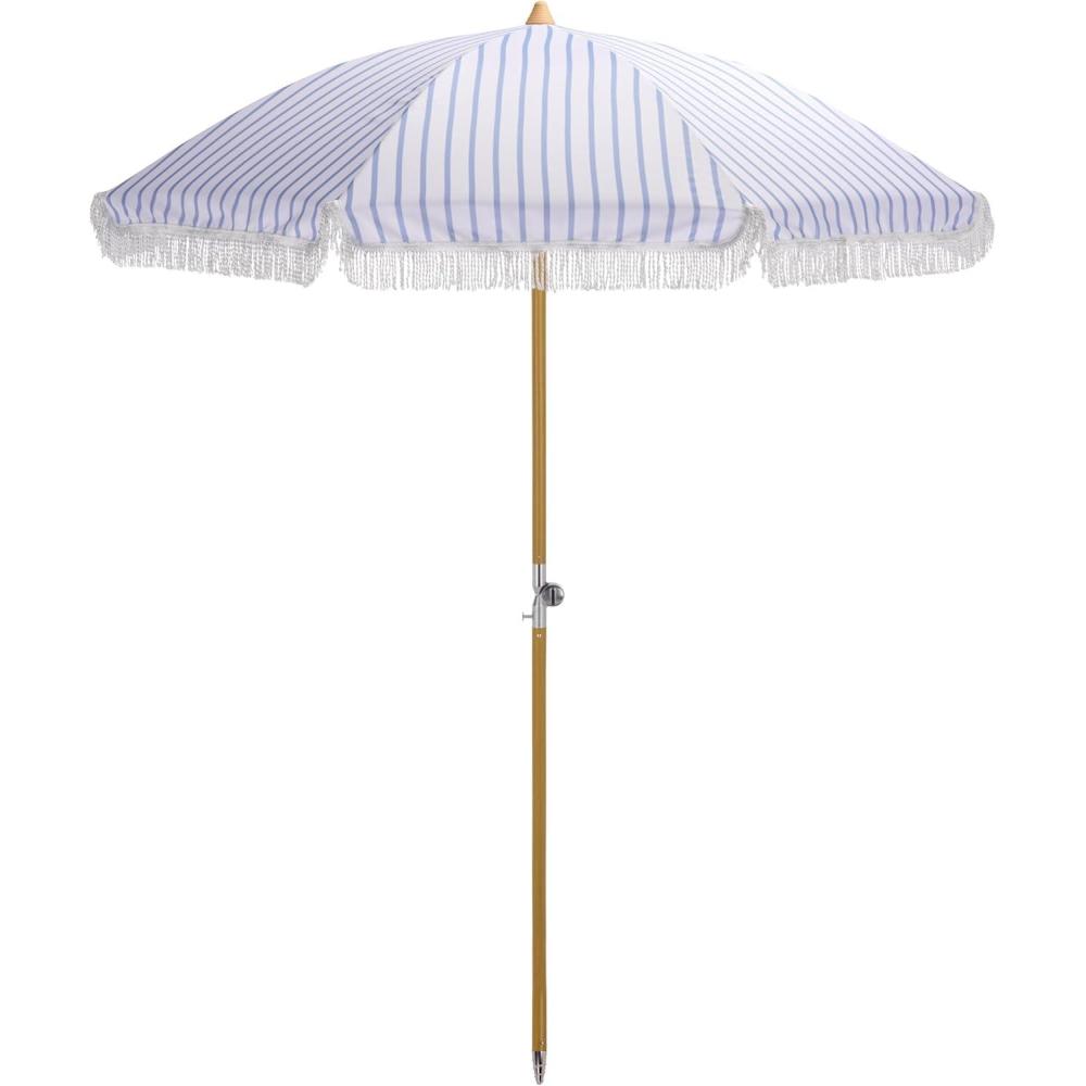 image:imageSAFAVIEH Outdoor Bella 65 FT Beach Umbrella Canopy with White Fringe Trim Tilt Function Aluminum Pole Weather Resistant for Beach Patio Garden PAT8504Baby Blue Stripe