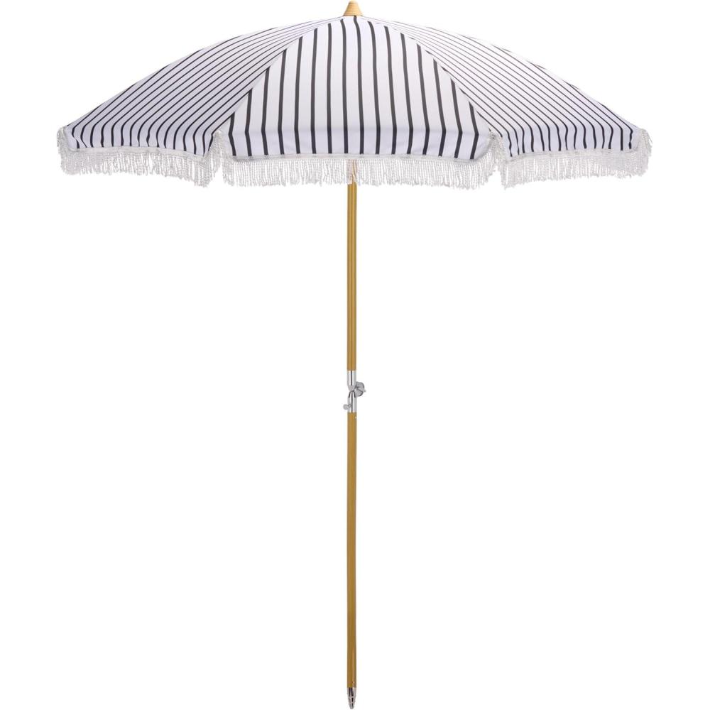 image:imageSAFAVIEH Outdoor Bella 65 FT Beach Umbrella Canopy with White Fringe Trim Tilt Function Aluminum Pole Weather Resistant for Beach Patio Garden PAT8504Navy Striped